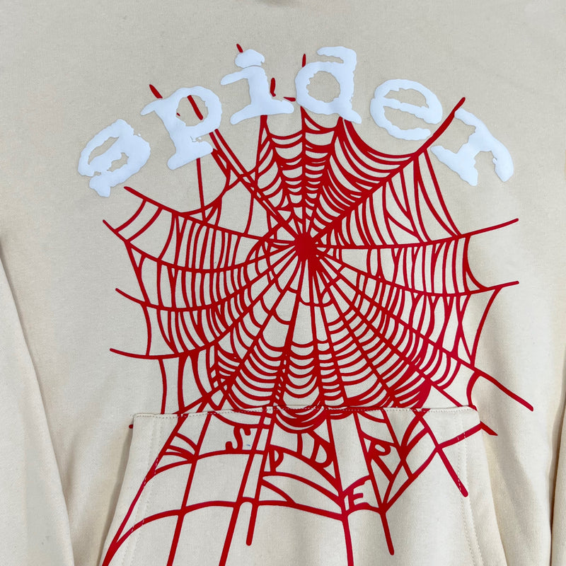 SP5DER Sand Beige Hoodie – Designer Streetwear with Spider Web Graphic