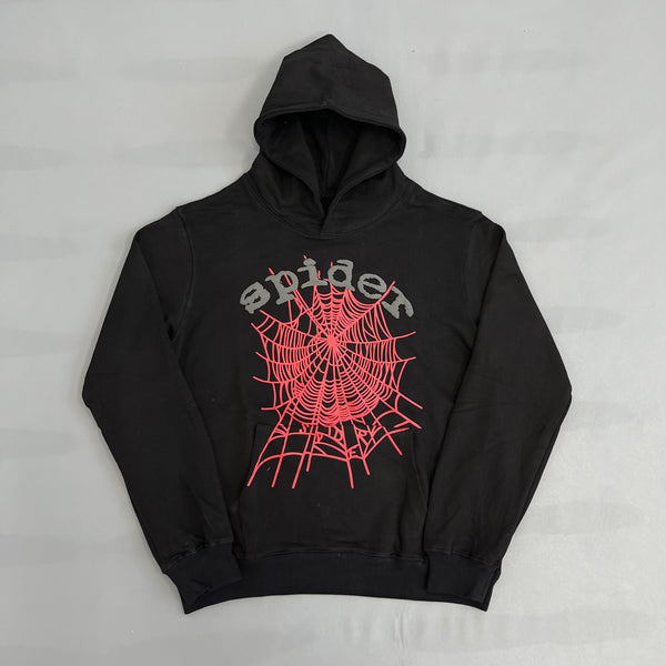 SP5DER Black Hoodie – Bold Designer Streetwear with Web Graphic