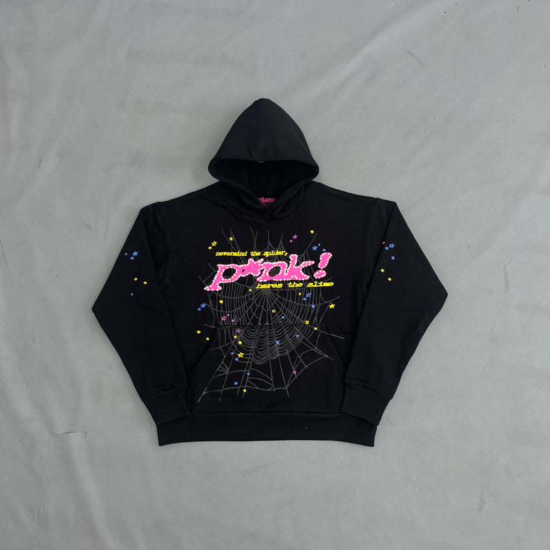 SP5DER Black & Pink Hoodie – Bold Streetwear Pullover