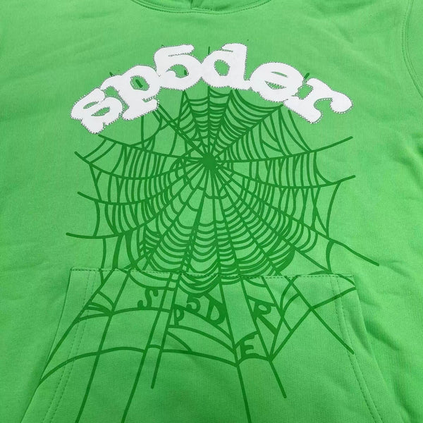 SP5DER Green Hoodie – Bold Designer Streetwear with Web Graphic