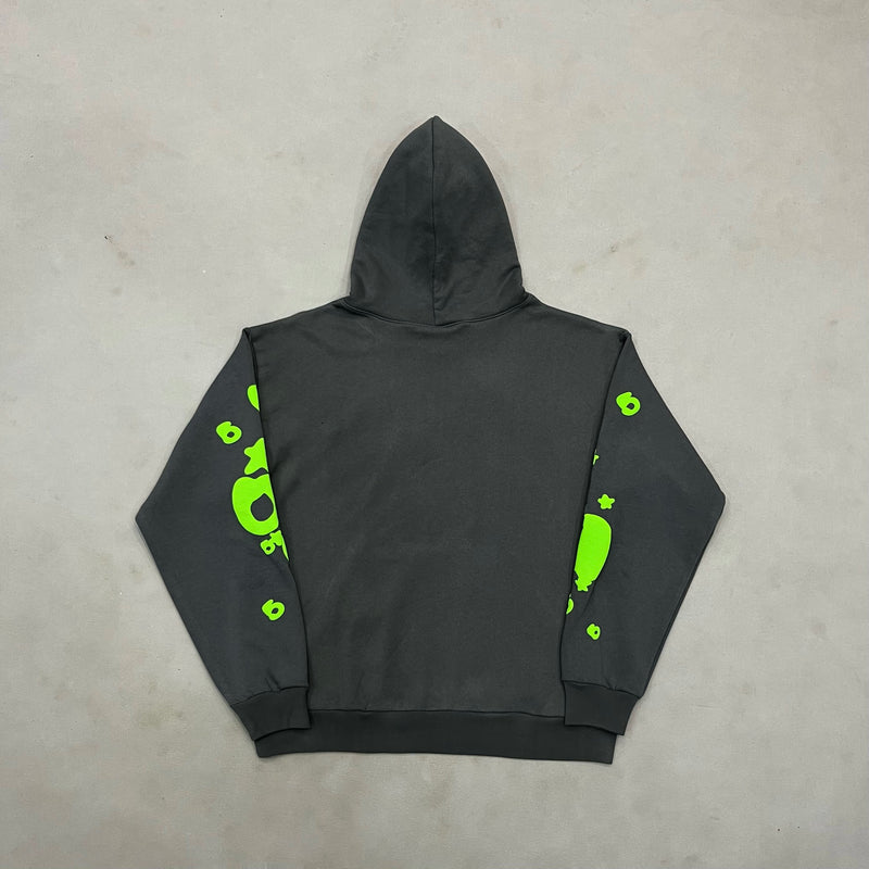 SP5DER Grey-Green Hoodie – Designer Streetwear with Bold Graphic Design