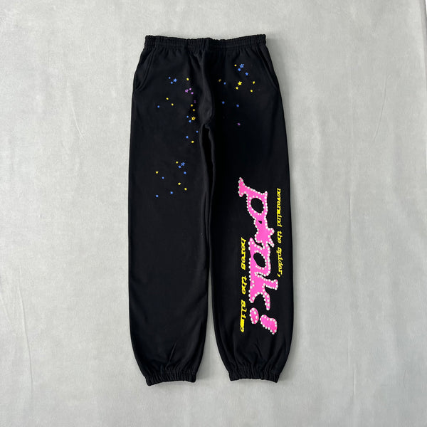 SP5DER Black Pink Pants – Bold Designer Streetwear with Graphic Accents