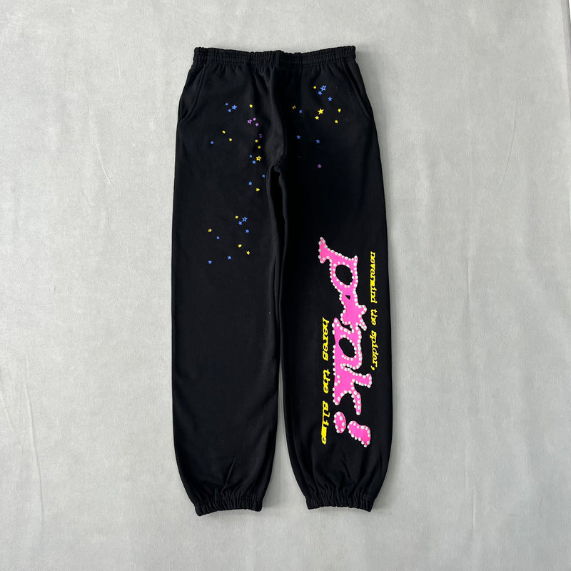 SP5DER Black Pink Pants – Bold Designer Streetwear with Graphic Accents