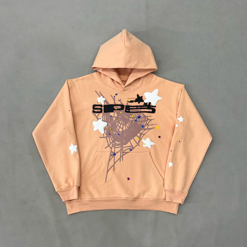 SP5DER Peach Hoodie – Bold Designer Streetwear with Web Graphic