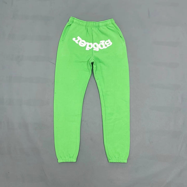 SP5DER Green Pants – Designer Streetwear with Bold Graphic Design