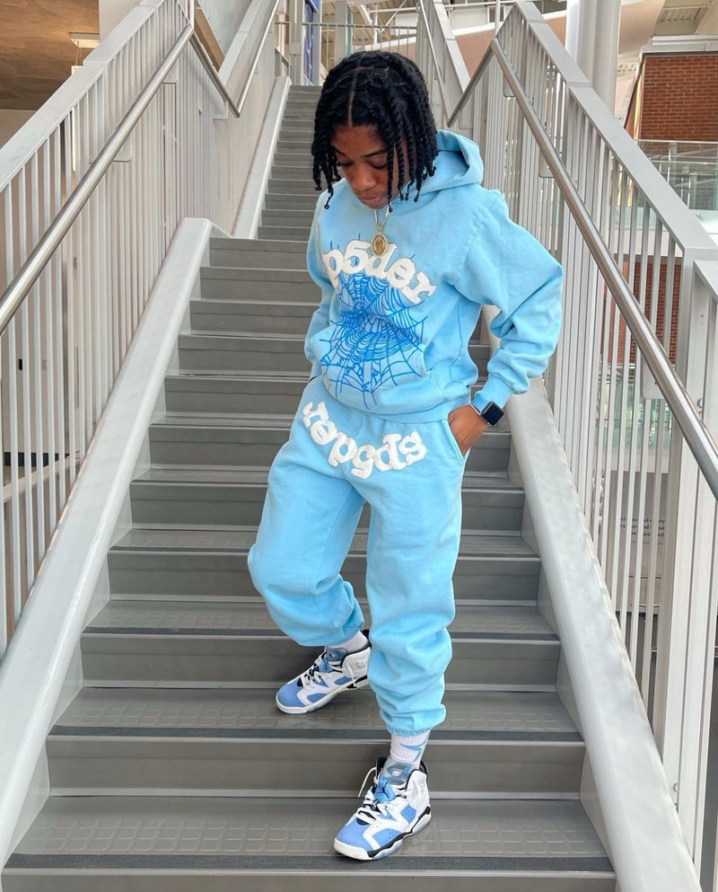 SP5DER Web Hoodie Sky Blue – Designer Streetwear with Bold Graphic Design