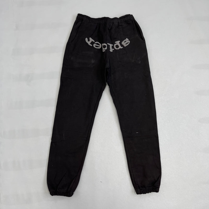 SP5DER Black Pants – Designer Streetwear with Bold Graphic Details