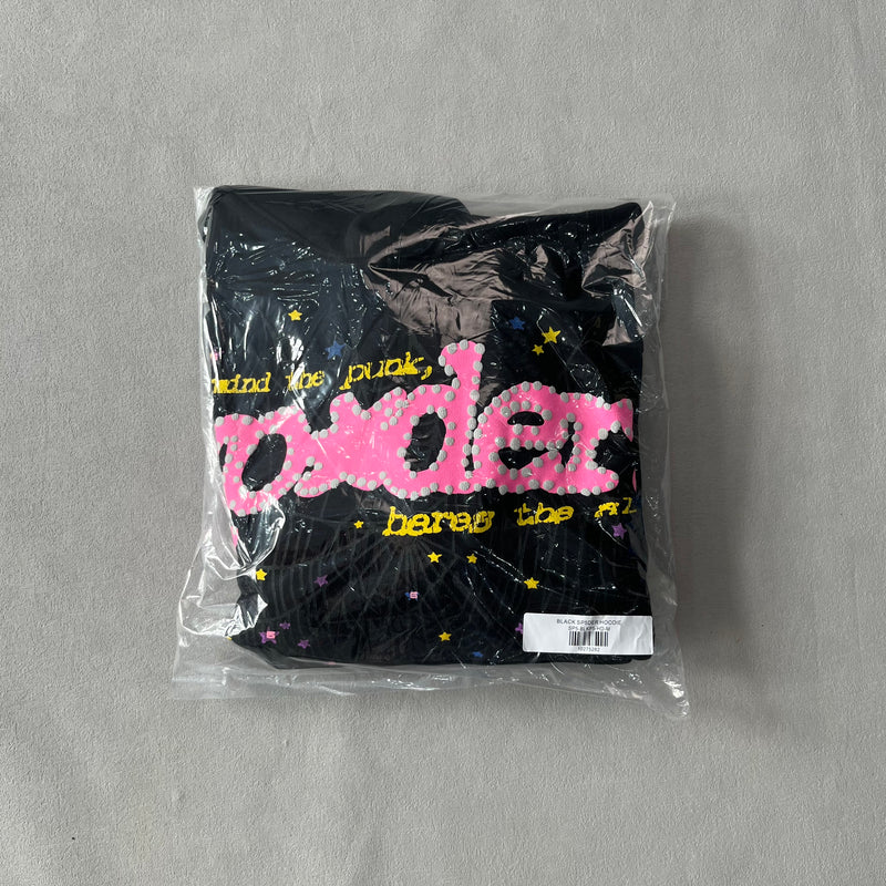 SP5DER P*NK V2 Black Hoodie – Designer Streetwear with Bold Graphic Design