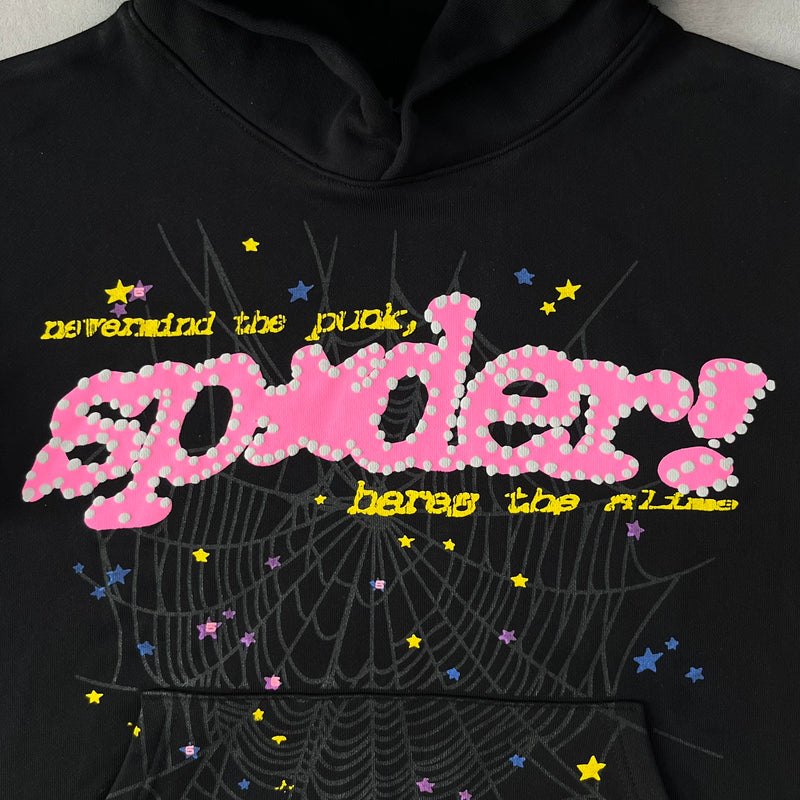 SP5DER P*NK V2 Black Hoodie – Designer Streetwear with Bold Graphic Design