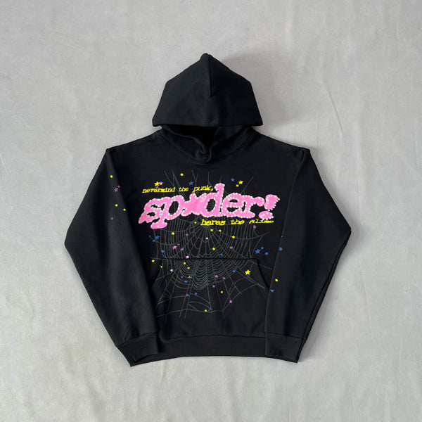 SP5DER P*NK V2 Black Hoodie – Designer Streetwear with Bold Graphic Design