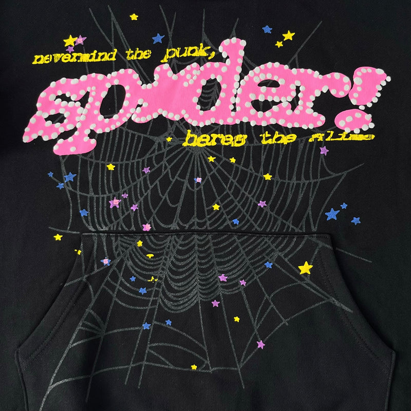 SP5DER P*NK V2 Black Hoodie – Designer Streetwear with Bold Graphic Design