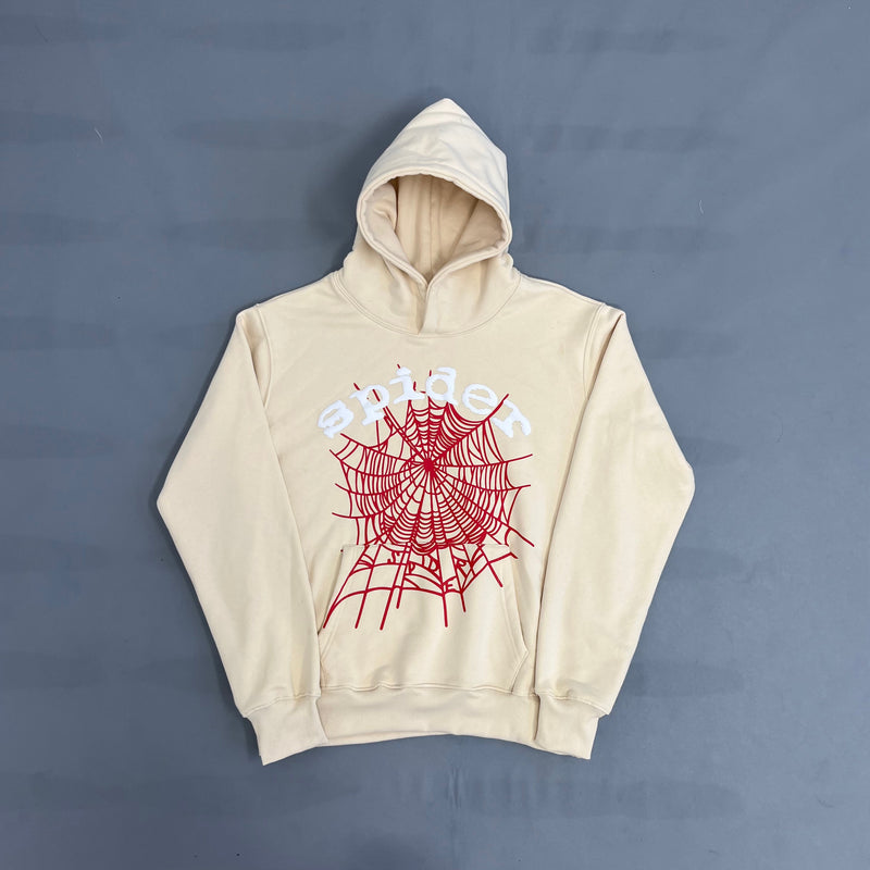 SP5DER Sand Beige Hoodie – Designer Streetwear with Spider Web Graphic