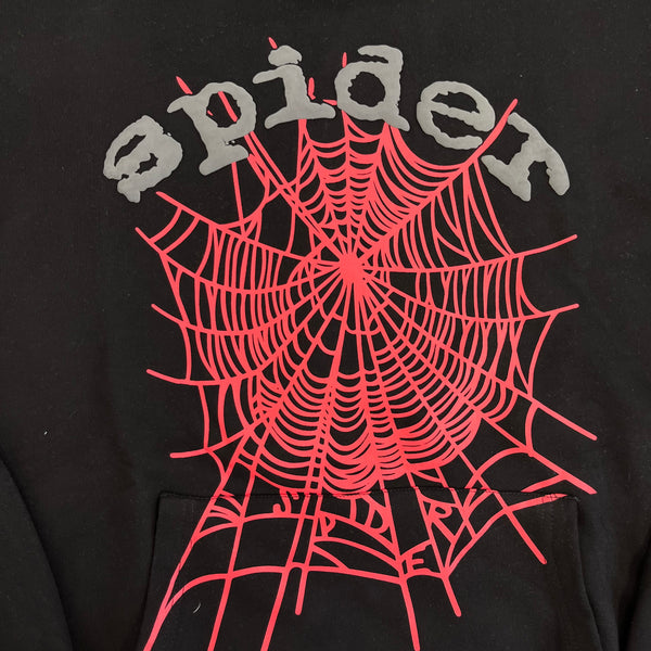 SP5DER Black Hoodie – Bold Designer Streetwear with Web Graphic