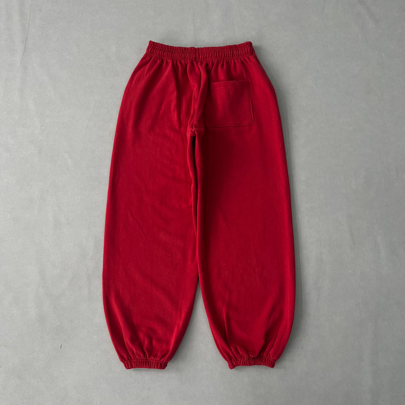 SP5DER Cherry Red Pants – Bold Designer Streetwear with Graphic Details