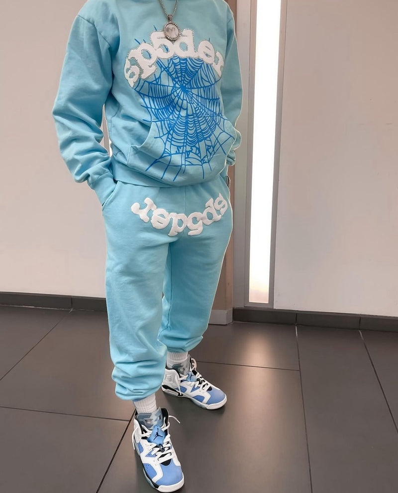 SP5DER Web Hoodie Sky Blue – Designer Streetwear with Bold Graphic Design