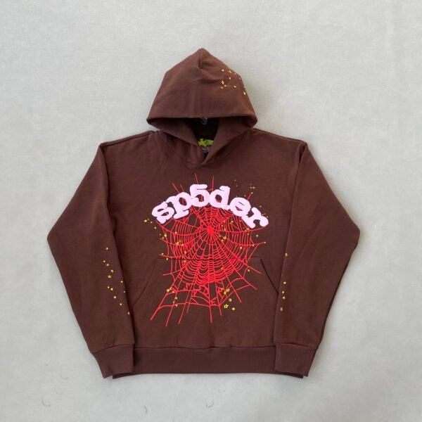 SP5DER Web Brown Hoodie – Bold Graphic Designer Streetwear