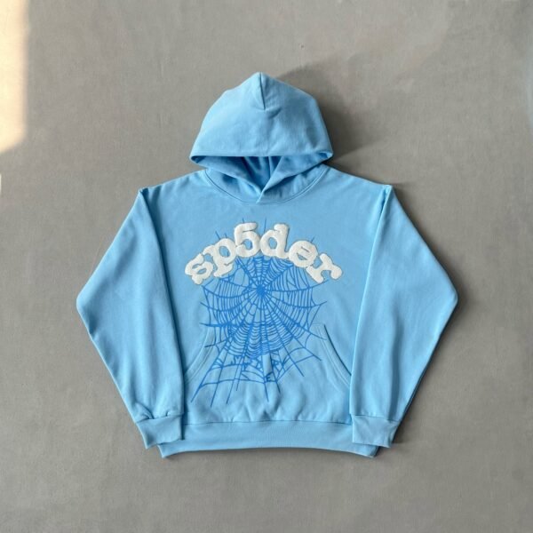 SP5DER Web Hoodie Sky Blue – Designer Streetwear with Bold Graphic Design