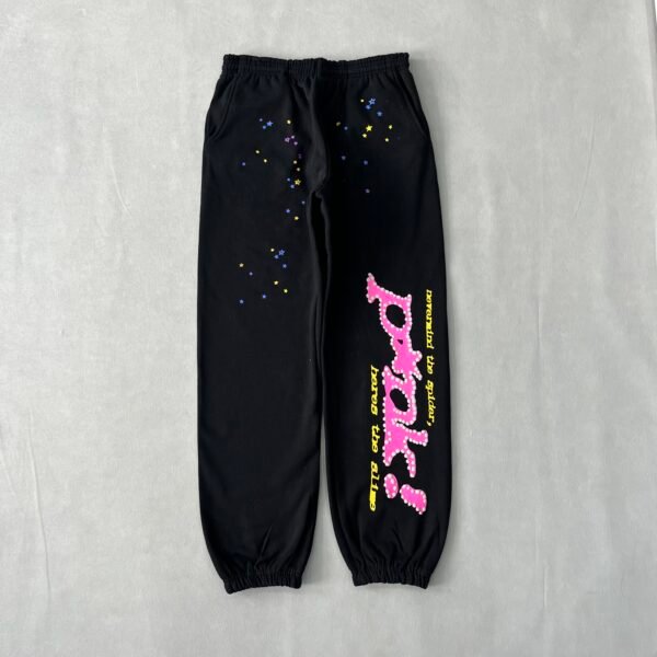 SP5DER Black Pink Pants – Bold Designer Streetwear with Graphic Accents