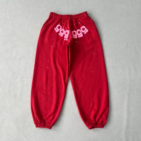 SP5DER Cherry Red Pants – Bold Designer Streetwear with Graphic Details